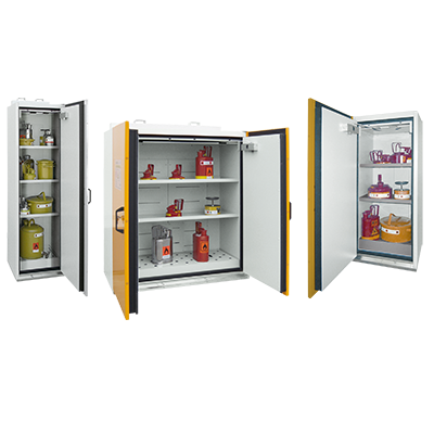 Hazardous material storage cabinets