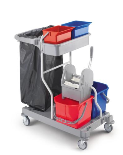 Carro per mop umidi con pressa per mop e porta sacchi per l'immondizia, 2x15 l/2x6 l secchi in rosso/blu