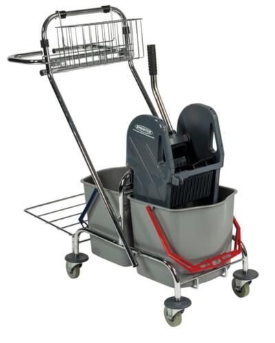 Carro per mop umidi con pressa per mop e porta sacchi per l'immondizia, 2 x 17 l secchi in rosso/blu