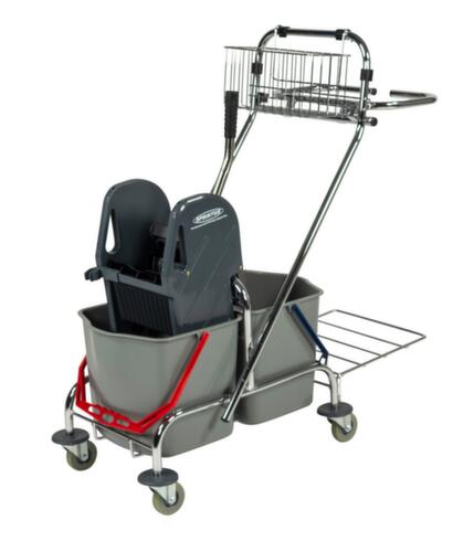 Carro per mop umidi con pressa per mop e porta sacchi per l'immondizia, 2 x 17 l secchi in rosso/blu