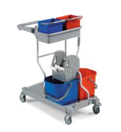 Carro per mop umidi con pressa per mop e porta sacchi per l'immondizia, 2x15 l/2x6 l secchi in rosso/blu