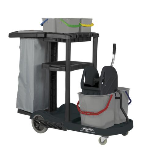 Carrello di pulizia con sacchetto da 120 litri e pressa per mop, 4x4 l/2x17 l secchi in rosso/blu/verde/giallo