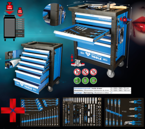Carrello da officina BLU/ARANCIO con 7 cassetti e 207 attrezzi di prima qualità