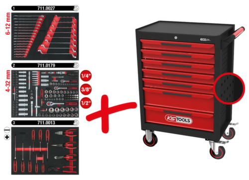Carrello da officina ECOline BLACK/ROT con 7 cassetti e 215 utensili di prima qualità