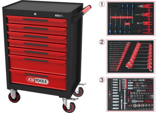 Carrello da officina ECOline BLACK/ROT con 7 cassetti e 215 utensili di prima qualità