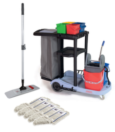 Set di carrelli di pulizia con 5 mop di larghezza, 4x4 l/2x17 l secchi in rosso/blu/verde/giallo