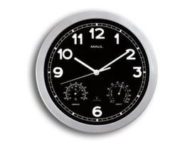 MAUL Orologio da parete radio con cassa nera, con numeri arabi e linee, Ø 300 mm