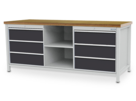 Bedrunka + Hirth banco da lavoro con parete posteriore, 6 cassetti, 2 ripiani, RAL7035 grigio luce/RAL7016 grigio antracite
